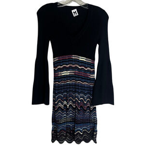 M Missoni Knit Dress Sz 0 Black Chevron V Neck Bell Sleeve Wool Blend Italy